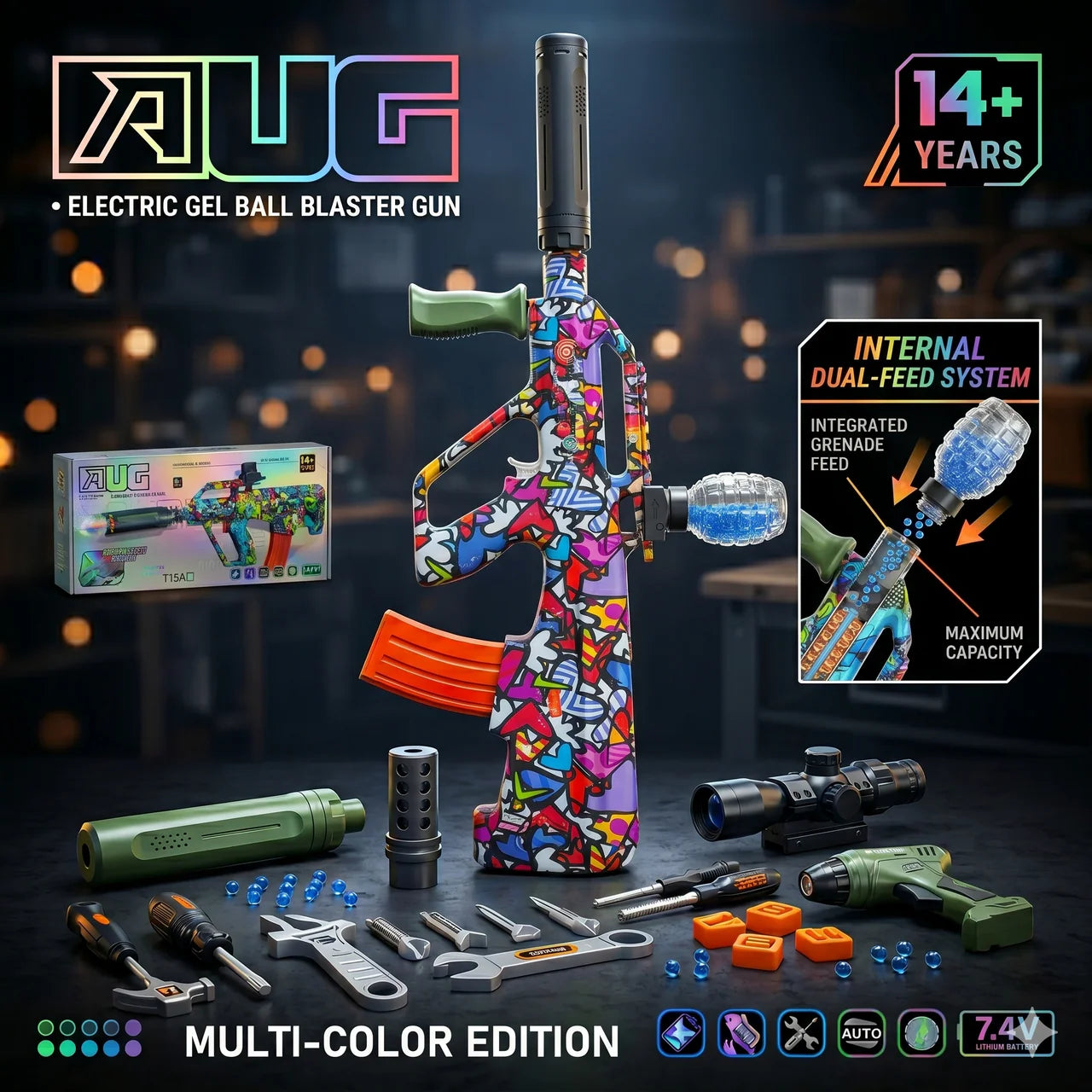 AUG T15A Automatic Electric Gel Ball Blaster Gun with Lights & Spray