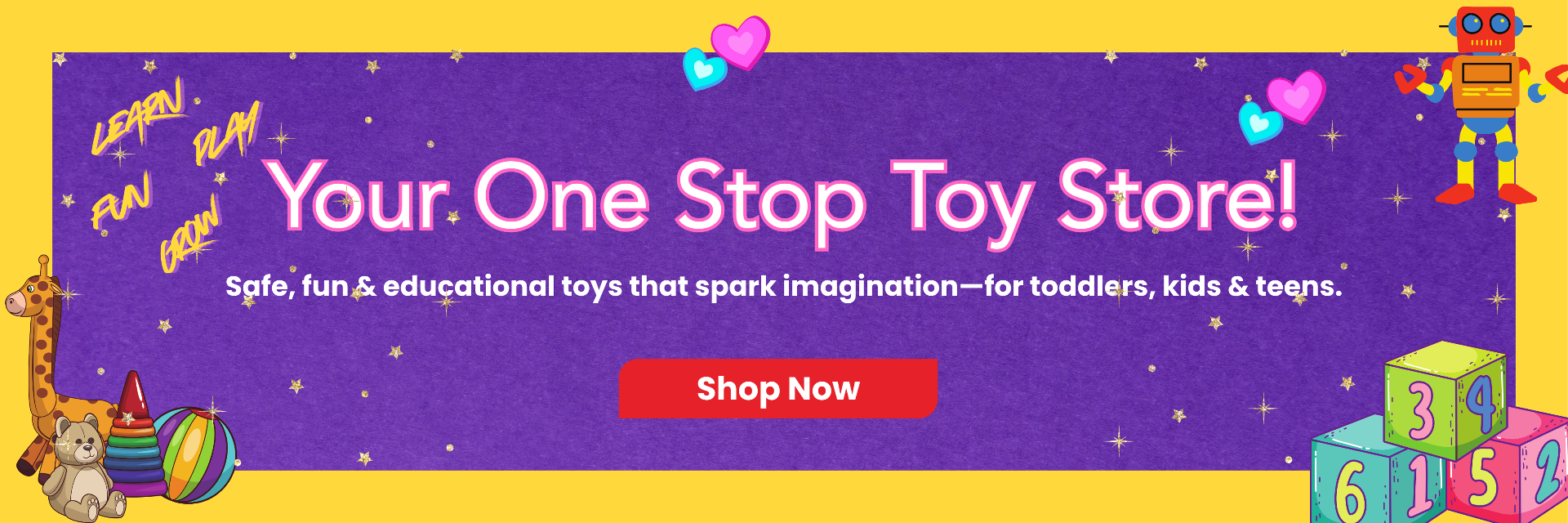 A banner for a toy store with colorful text and toys on a yellow and purple background.