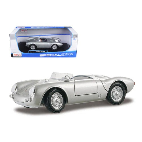 Maisto Porsche 550A Spyder Silver Diecast Car – 1:18 Scale Classic Collector Model