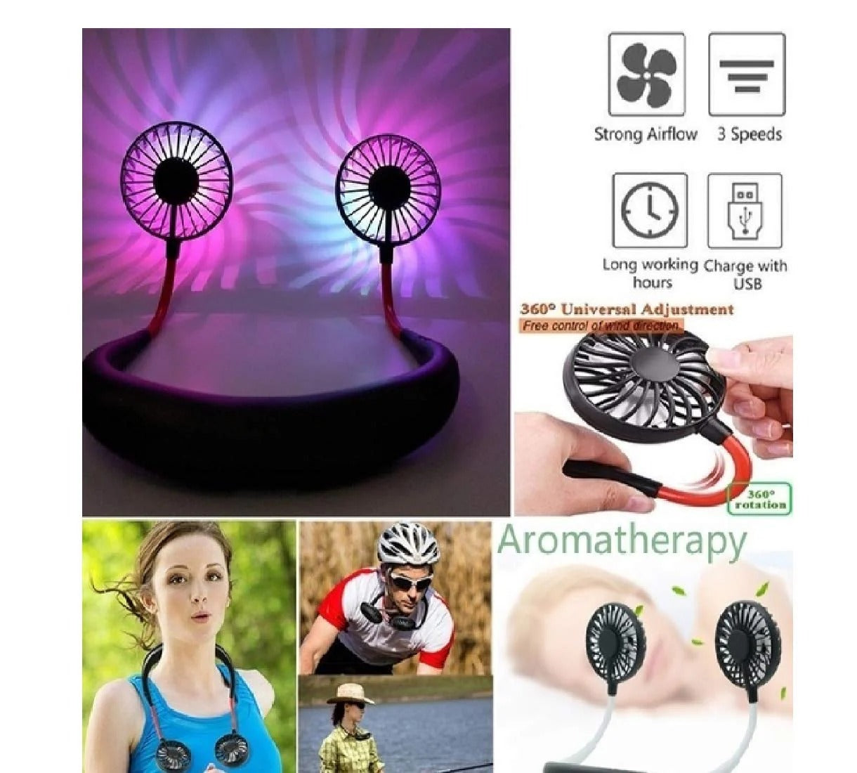 Portable USB Rechargeable Hanging Neck Fan with LED Light