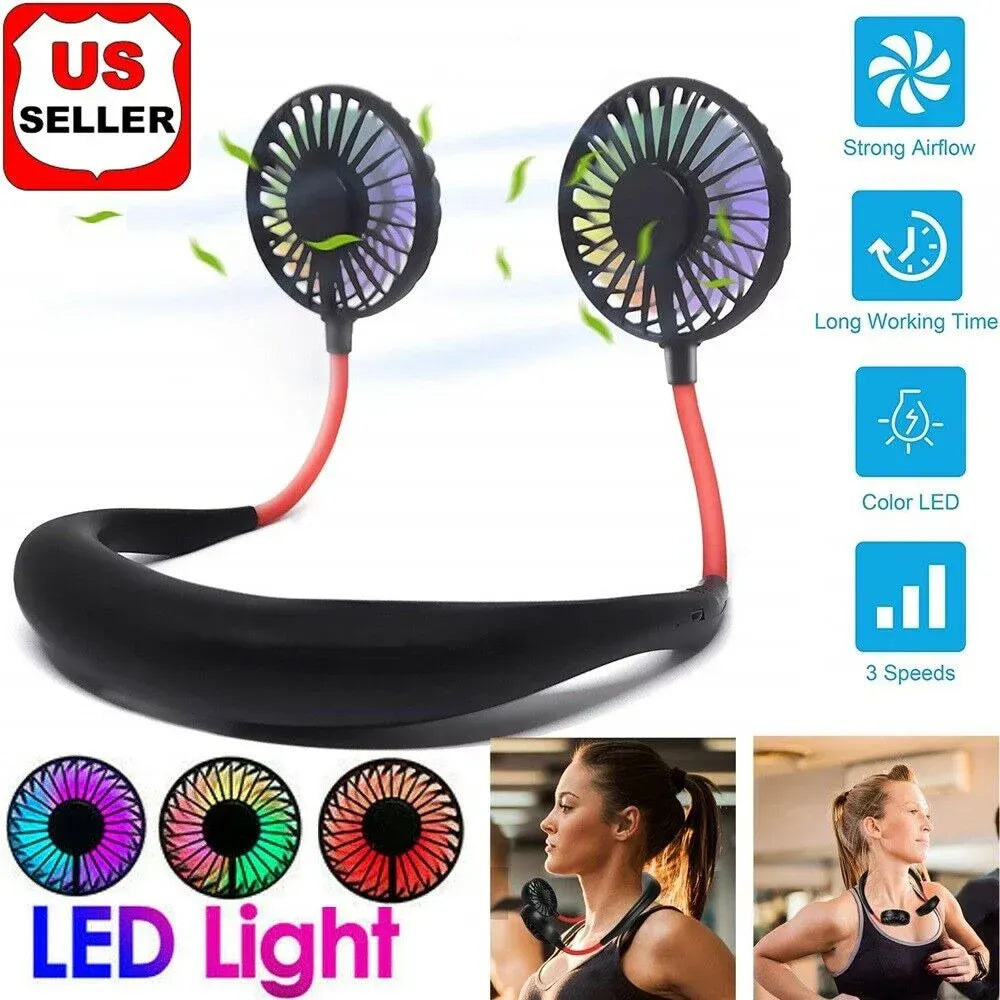 Portable USB Rechargeable Hanging Neck Fan with LED Light