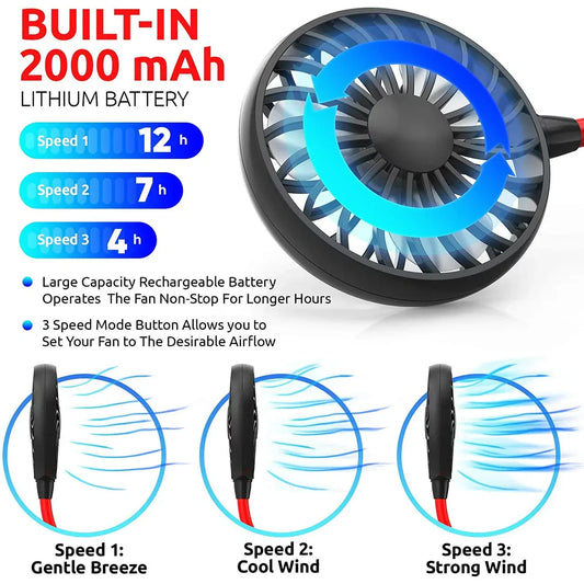 Portable USB Rechargeable Hanging Neck Fan with LED Light