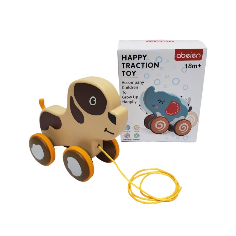 Wooden Pull Along Puppy Toy– Happy Traction Dog Toy for Toddlers