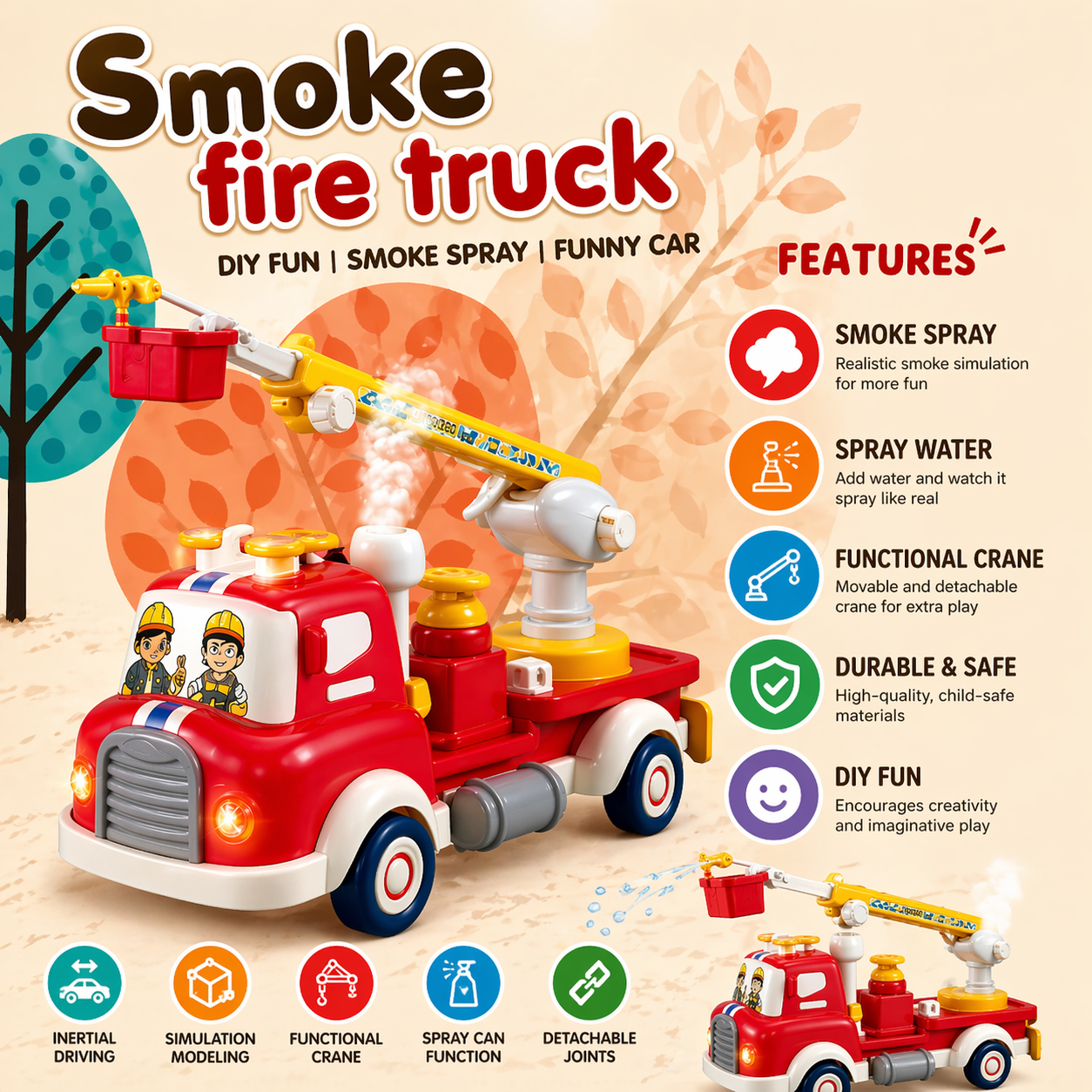 Smoke Fire Truck Toy with Spray Water & Light Effects