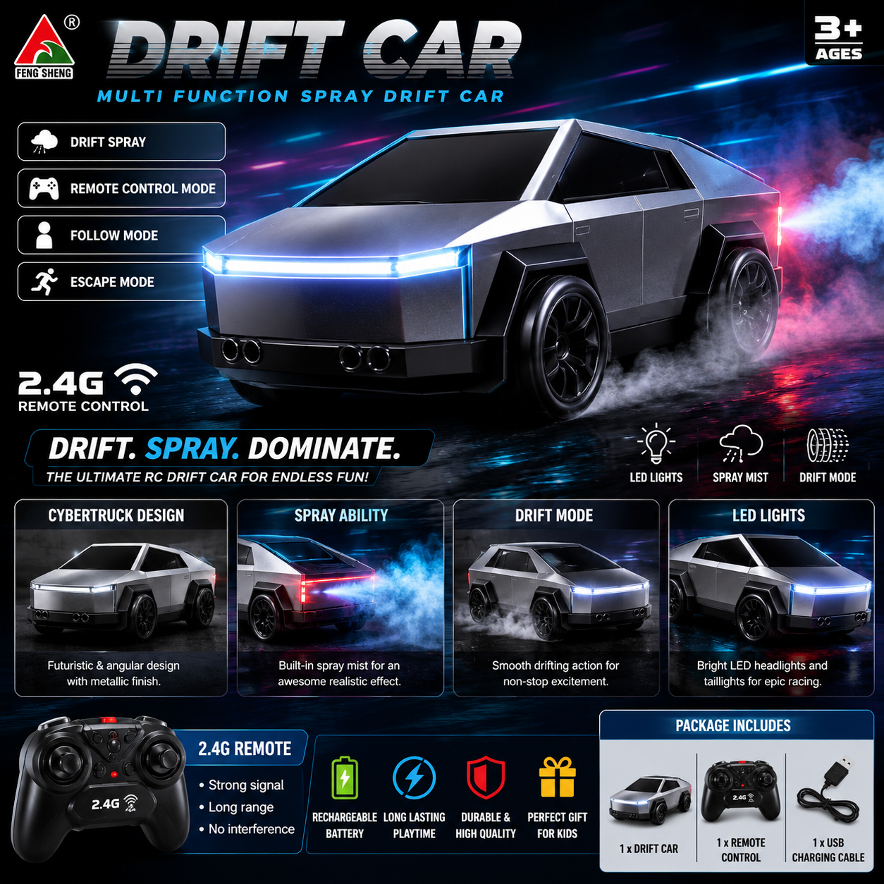 2.4G RC Cybertruck Drift Car with Spray & LED Lights