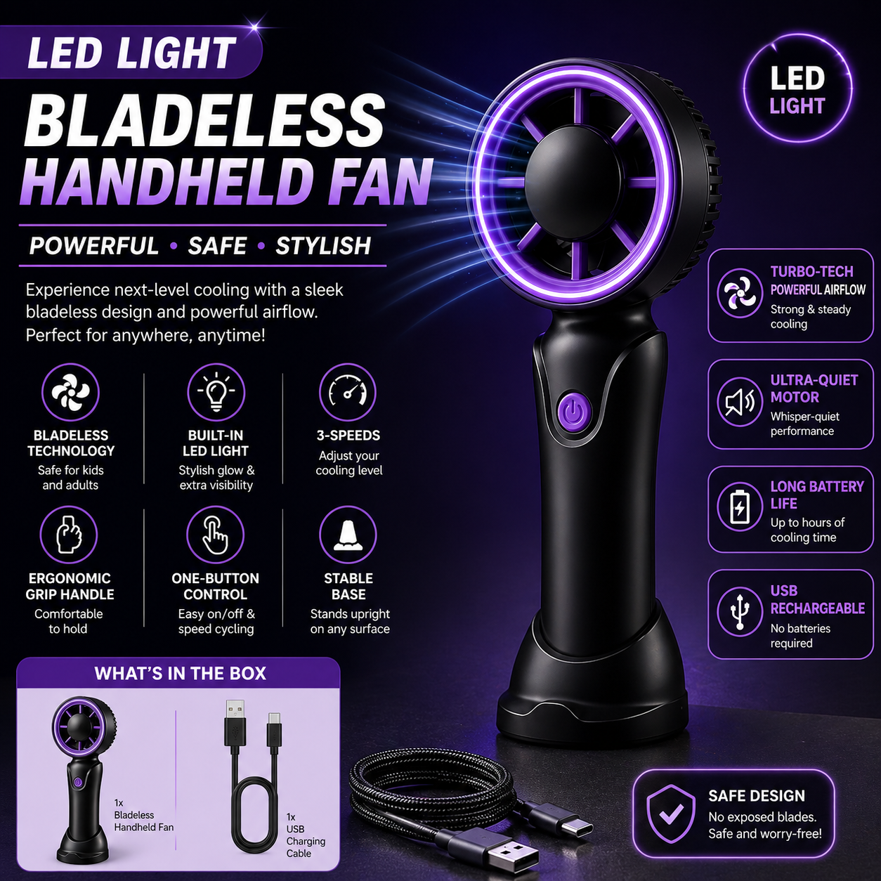 LED Bladeless Handheld Fan with Light