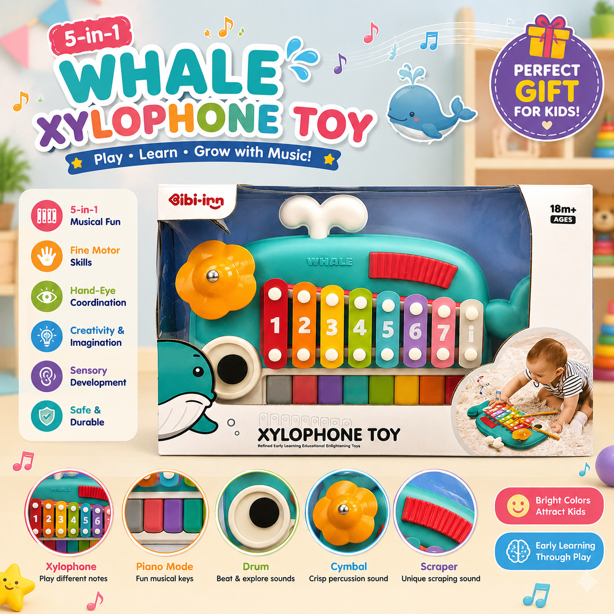 5-in-1 Whale Musical Xylophone Toy