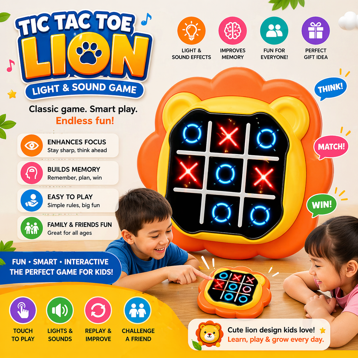 2 Player Tic Tac Toe Lion Game with Lights & Sound