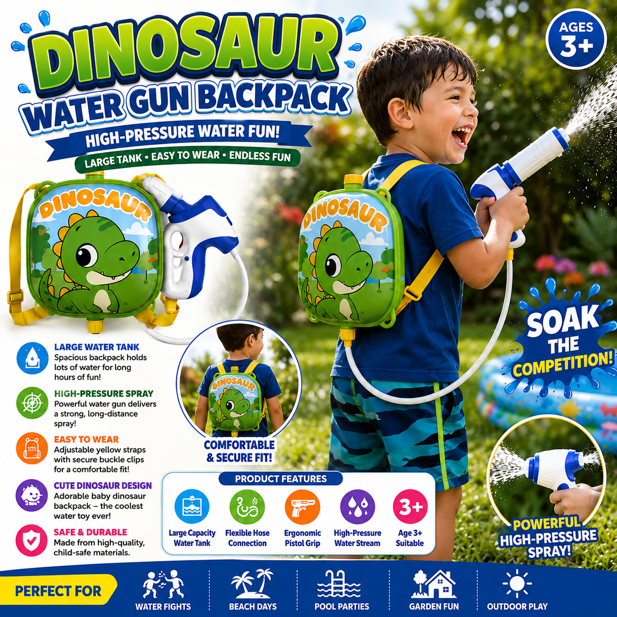 High-Pressure Dinosaur Water Gun Backpack