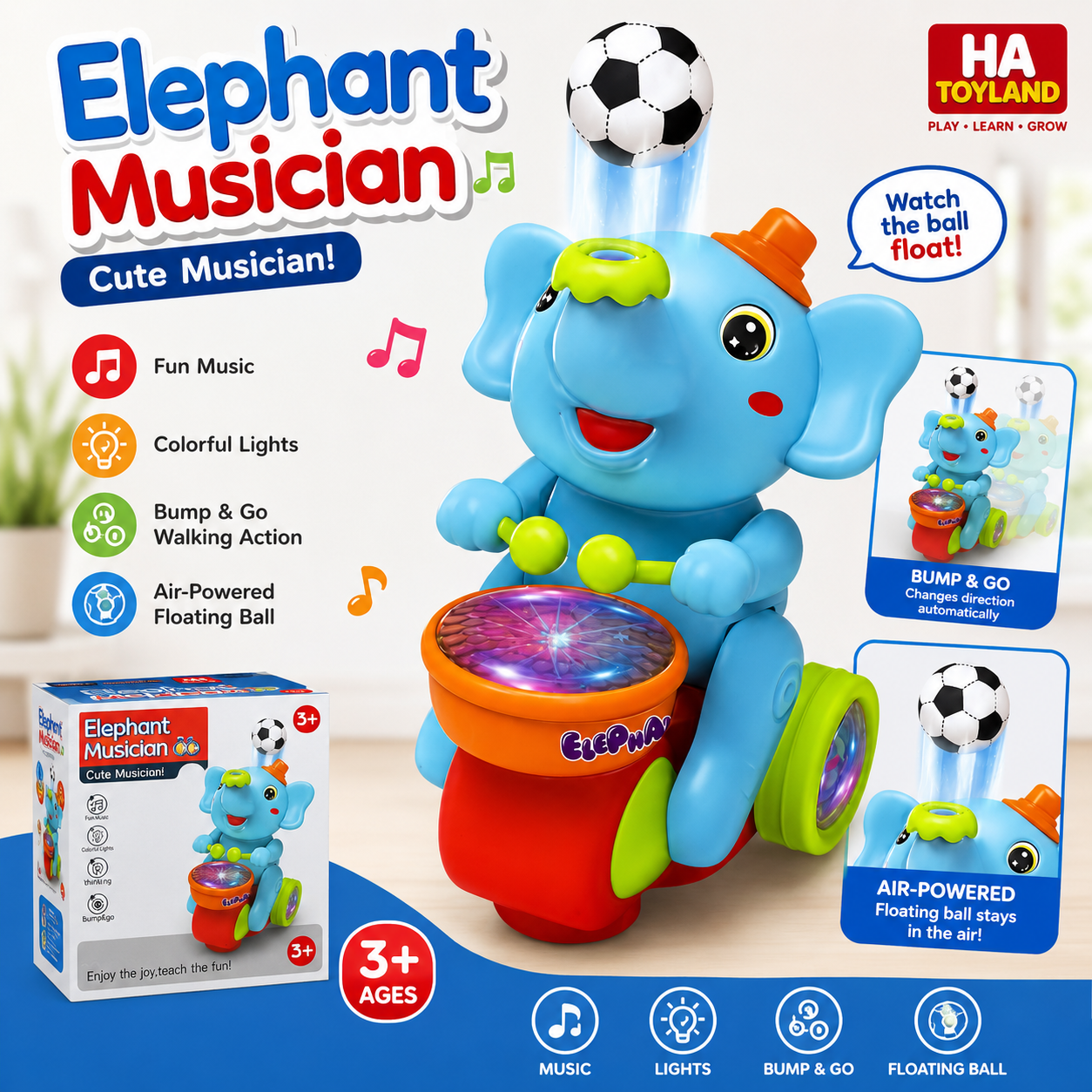 Musical Walking Elephant Toy with Floating Ball