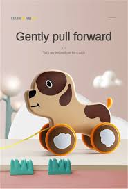 Wooden Pull Along Puppy Toy– Happy Traction Dog Toy for Toddlers