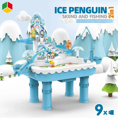 2-in-1 Ice Penguin Fishing Game & Track Set – Magnetic Fishing & Sliding Toy