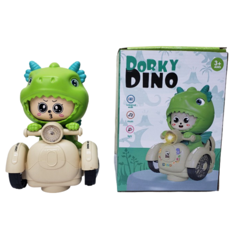 Dorky Dino Scooter Toy with Lights, Music & Bump-and-Go Action
